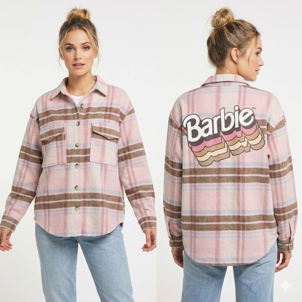 Barbie Pink Plaid Flannel Shacket - Retro 3D Logo - Size Medium